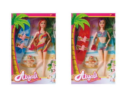 Doll with Surfboard & Dog Toy Set for Adventure Play
