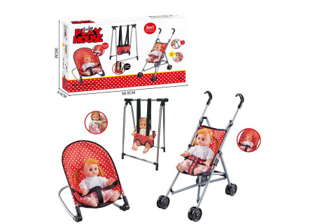 3 in 1 Pram, Chair, Swing, & Doll Toy Set for Nurturing Play