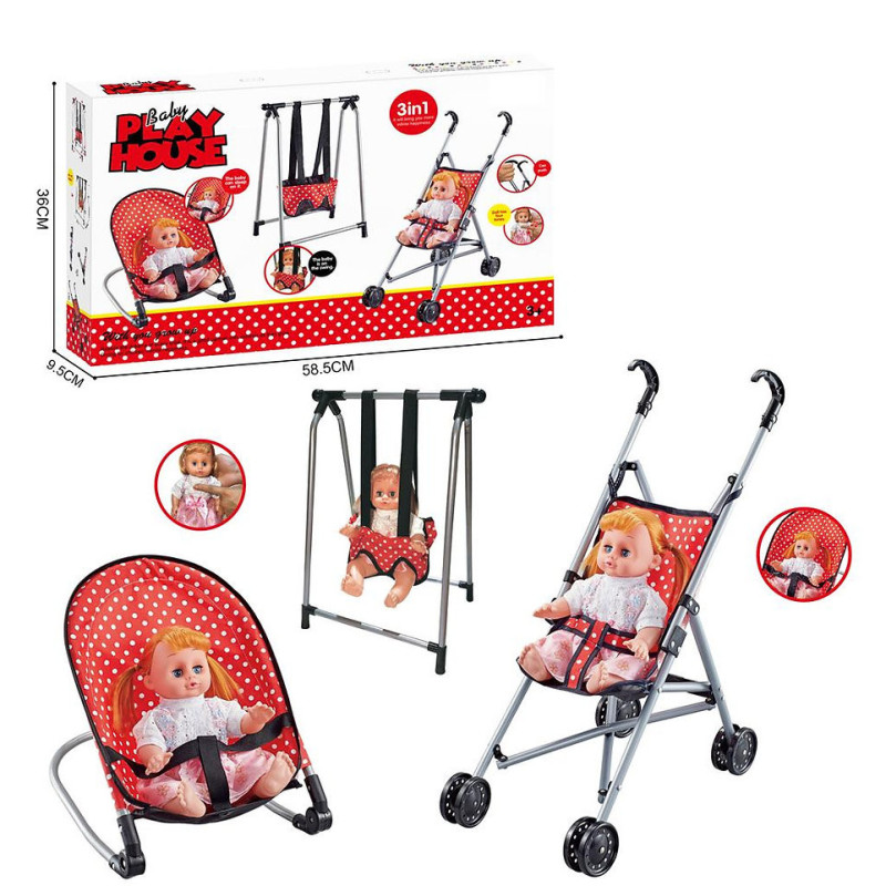 3 in 1 Pram, Chair, Swing, & Doll Toy Set for Nurturing Play 3 in 1 Pram, Chair, Swing, & Doll Toy Set for Nurturing Play