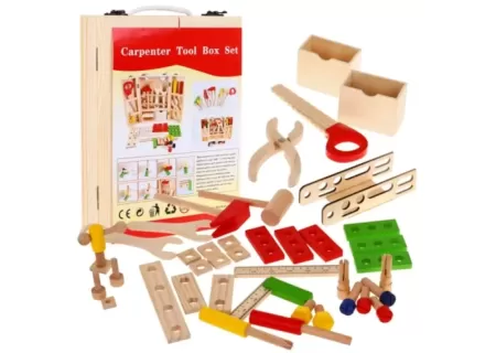 Wooden Carpenter Tool Box Set – 43-Piece Kids DIY Workshop Kit