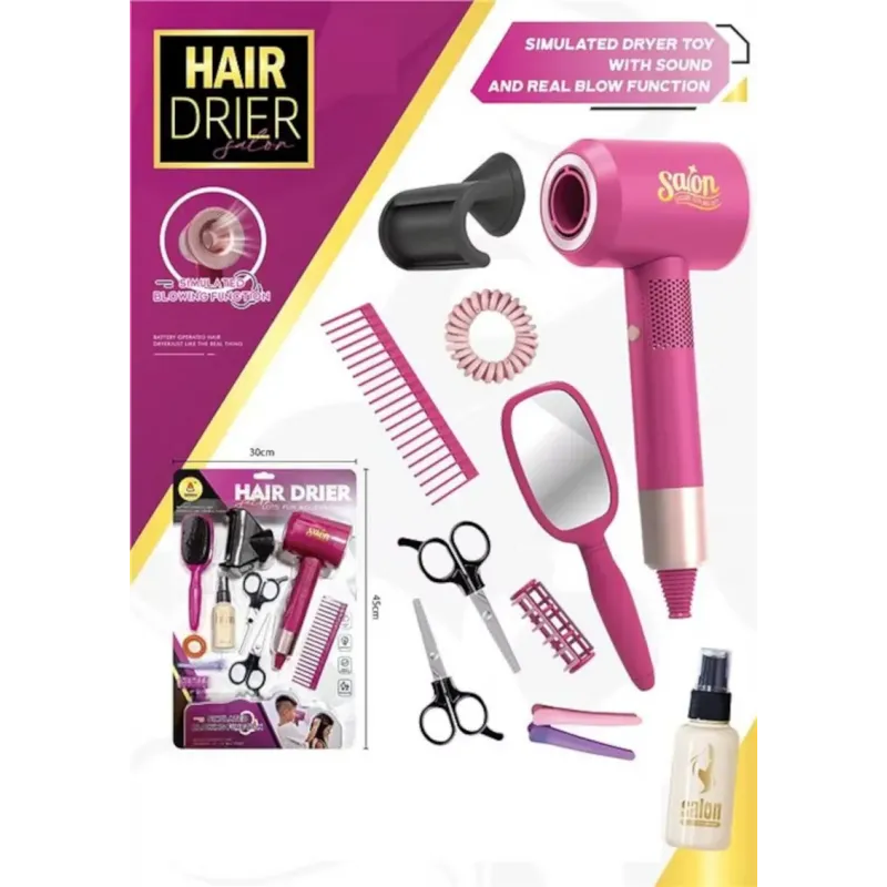 Kids Hair Dryer Salon Play Set – Carded Toy with Real Blow Function Kids Hair Dryer Salon Play Set – Carded Toy with Real Blow Function