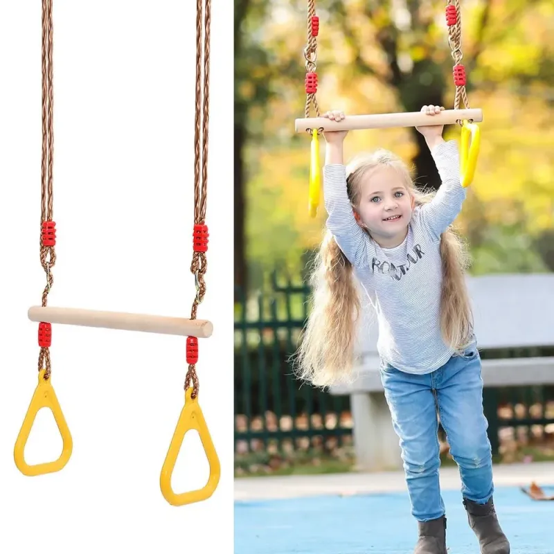 Multifunction Kids Adult Wood Trapeze Swing With Plastic Rings