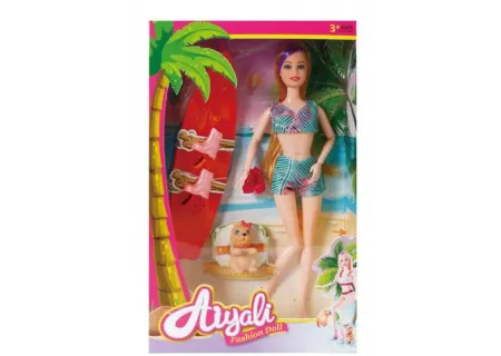 Doll with Surfboard & Dog Toy Set for Adventure Play