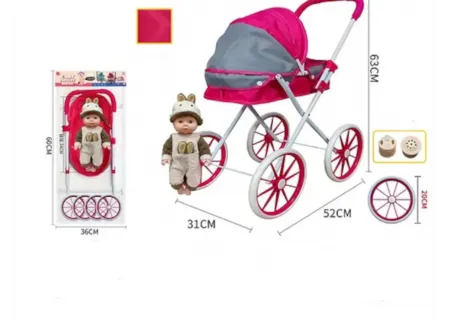 Doll & Metal Pram - 63cm Height with Big Wheels | Durable Toy Stroller