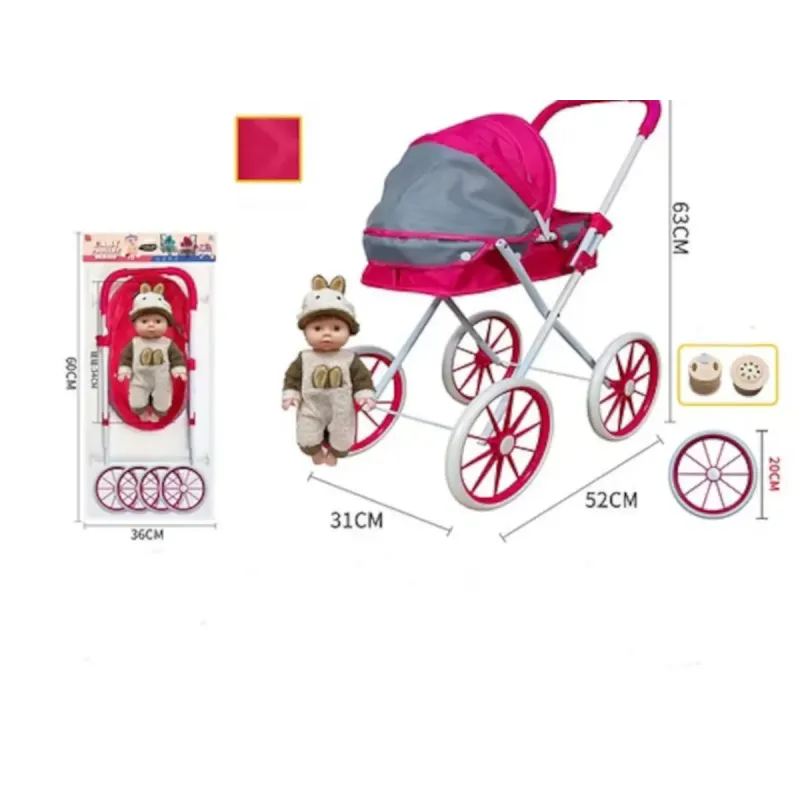 Doll & Metal Pram - 63cm Height with Big Wheels | Durable Toy Stroller Doll & Metal Pram - 63cm Height with Big Wheels | Durable Toy Stroller